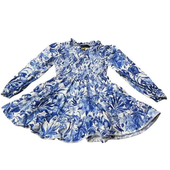 Ralph Lauren Cotton Blue and white Smocked Bodice long sleeve Floral Dress NWOT - Picture 2 of 10